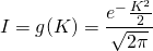 \begin{equation*} I = g(K) = \frac{e^-\frac{K^2}{2}}{\sqrt{2 \pi}} \end{equation*}